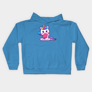 Cute Unicorn Bite Love With Love Sign Hand Cartoon Kids Hoodie